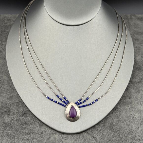 Native American Liquid Sterling Silver Purple Sugilite Blue Lapis Necklace VTG - Picture 7 of 16